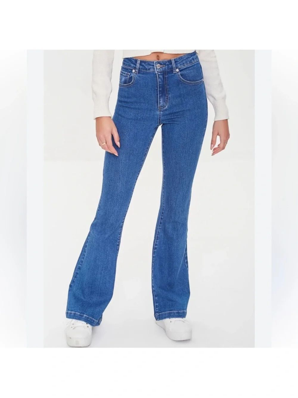F21 31 Blue Clean Wash Curved Flare Stretch Jeans